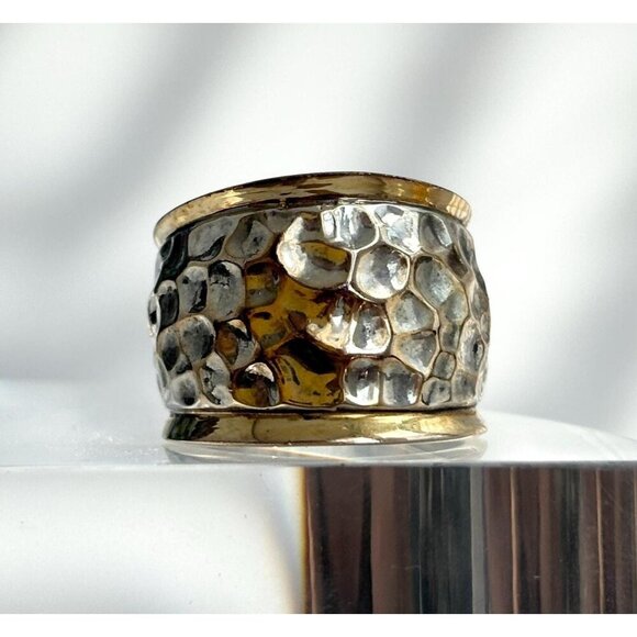 Hammered Dual Sterling Silver & Gold Toned Chunky Cigar 925 Vintage Ring sz 5.75 - Picture 1 of 10